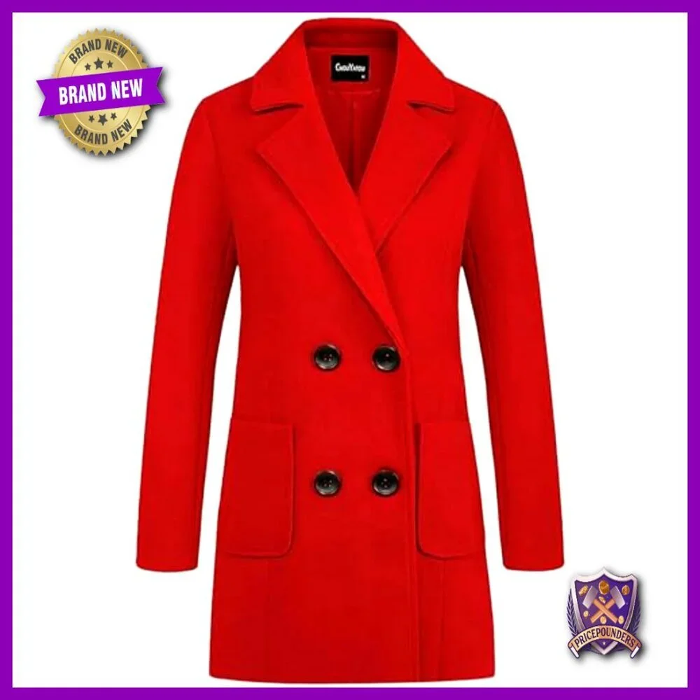 Elegant Notched Collar Double Breasted Wool Blend Over Coat Classic Chic